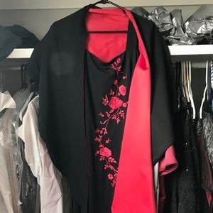 Black gown with red floral embroidery & wrap